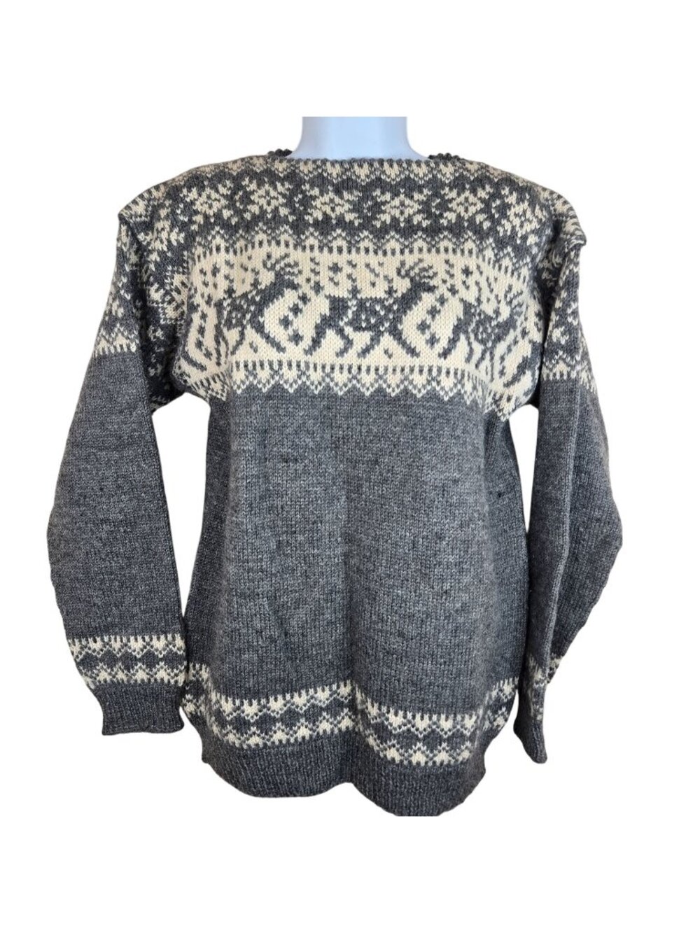 Vintage Nordic Gray Hand Knit Sweater Reindeer Fair Isle Womens L Wool